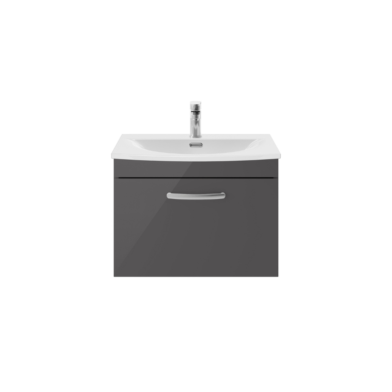 Nuie Athena 600mm Wall Hung Single Drawer Vanity With Curved 1 Tap Hole Basin (1 size, Gloss Grey) - Brand New Bathrooms