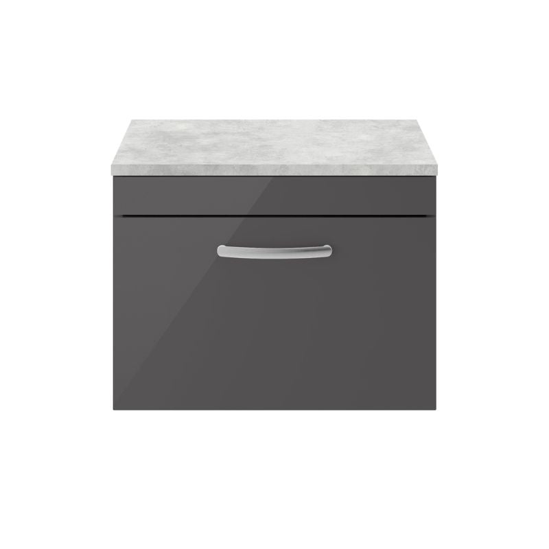 Nuie Athena Wall Hung Single Drawer Vanity With Worktop (2 size, Gloss Grey) - Brand New Bathrooms