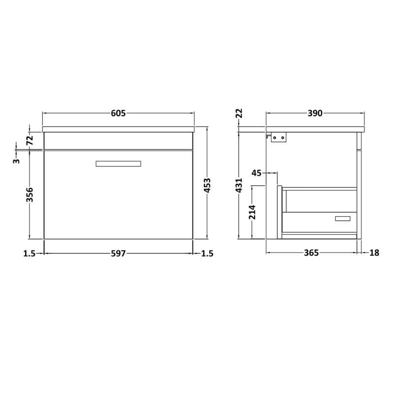Nuie Athena Wall Hung Single Drawer Vanity With Worktop (2 size, Gloss Grey) - Brand New Bathrooms