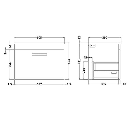 Nuie Athena Wall Hung Single Drawer Vanity With Worktop (2 size, Gloss Grey) - Brand New Bathrooms
