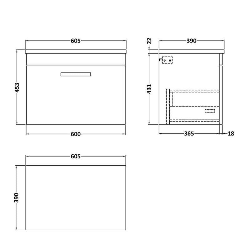 Nuie Athena Wall Hung Single Drawer Unit & Laminate Worktop (2 size, Gloss Grey) - Brand New Bathrooms