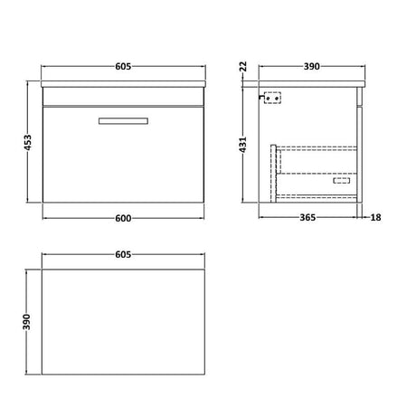 Nuie Athena Wall Hung Single Drawer Unit & Laminate Worktop (2 size, Gloss Grey) - Brand New Bathrooms