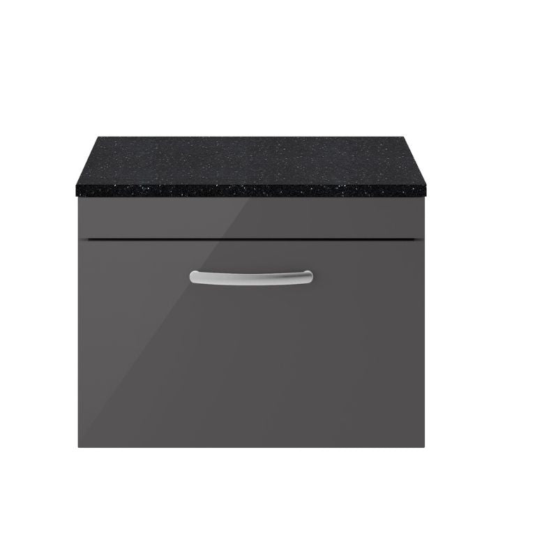 Nuie Athena Wall Hung Single Drawer Vanity With Worktop (2 size, Gloss Grey) - Brand New Bathrooms