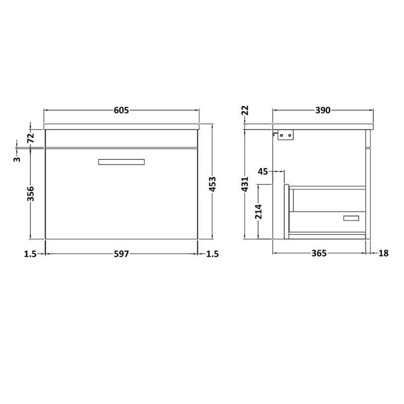 Nuie Athena Wall Hung Single Drawer Vanity With Worktop (2 size, Gloss Grey) - Brand New Bathrooms