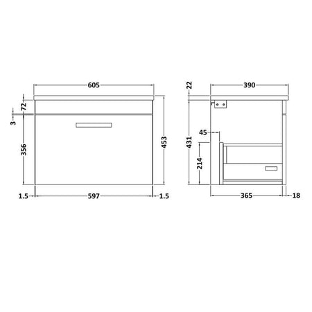 Nuie Athena Wall Hung Single Drawer Vanity With Worktop (2 size, Gloss Grey) - Brand New Bathrooms