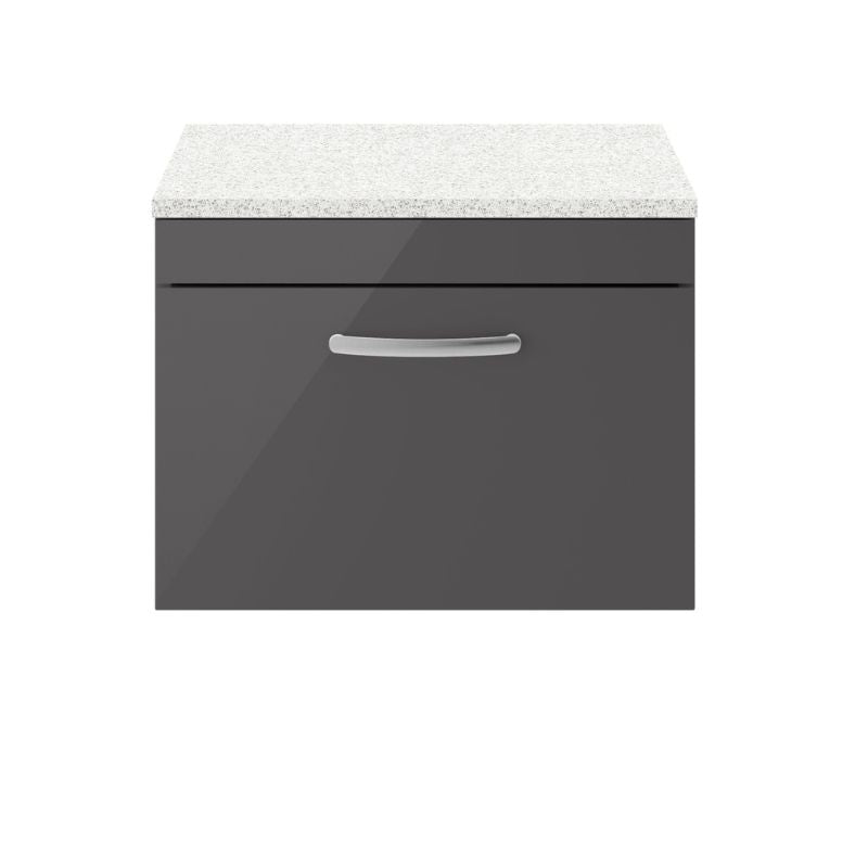 Nuie Athena Wall Hung Single Drawer Vanity With Worktop (2 size, Gloss Grey) - Brand New Bathrooms