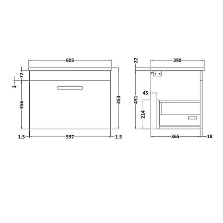 Nuie Athena Wall Hung Single Drawer Vanity With Worktop (2 size, Gloss Grey) - Brand New Bathrooms