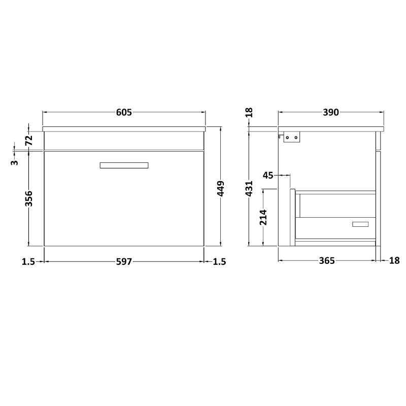 Nuie Athena Wall Hung Single Drawer Vanity With Worktop (2 size, Gloss Grey) - Brand New Bathrooms
