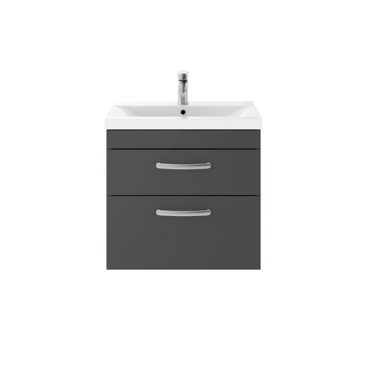 Nuie Athena 600mm Wall Hung 2 Drawer Vanity With Mid-Edge 1 Tap Hole Basin 1 (1 size, Gloss Grey) - Brand New Bathrooms