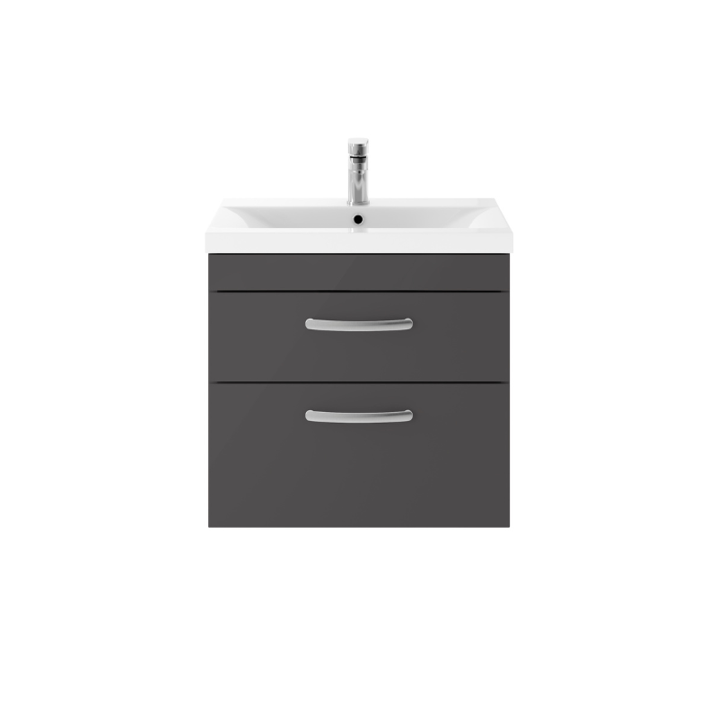 Nuie Athena 600mm Wall Hung 2 Drawer Vanity With Mid-Edge 1 Tap Hole Basin 1 (1 size, Gloss Grey) - Brand New Bathrooms