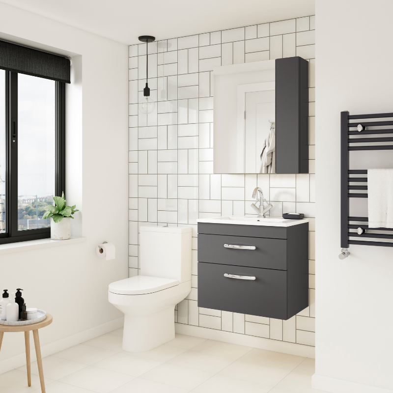 Nuie Athena 600mm Wall Hung 2 Drawer Vanity With Mid-Edge 1 Tap Hole Basin 1 (1 size, Gloss Grey) - Brand New Bathrooms