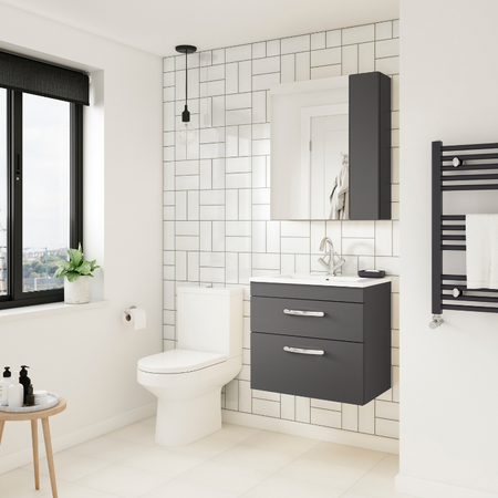 Nuie Athena 600mm Wall Hung 2 Drawer Vanity With Minimalist 1 Tap Hole Basin 2 (1 size, Gloss Grey) - Brand New Bathrooms