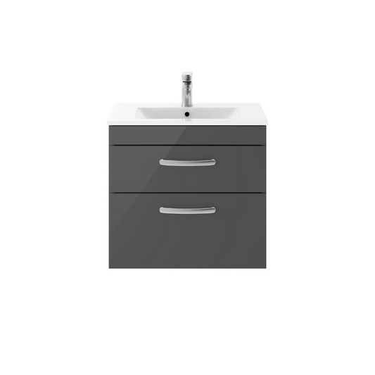 Nuie Athena 600mm Wall Hung 2 Drawer Vanity With Minimalist 1 Tap Hole Basin 2 (1 size, Gloss Grey) - Brand New Bathrooms