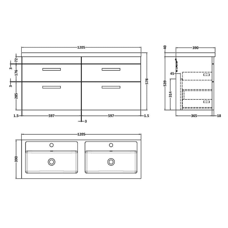 Nuie Athena Wall Hung 4 Drawer Vanity With Twin Polymarble Basin (1 size, Gloss Grey) - Brand New Bathrooms