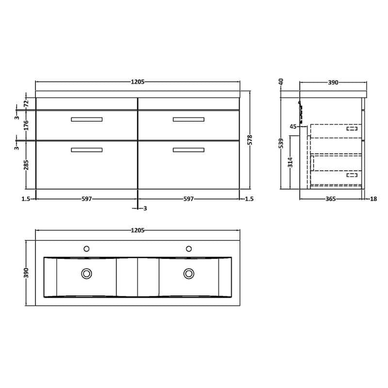 Nuie Athena Wall Hung 4 Drawer Vanity With Twin Basin (1 size, Gloss Grey) - Brand New Bathrooms