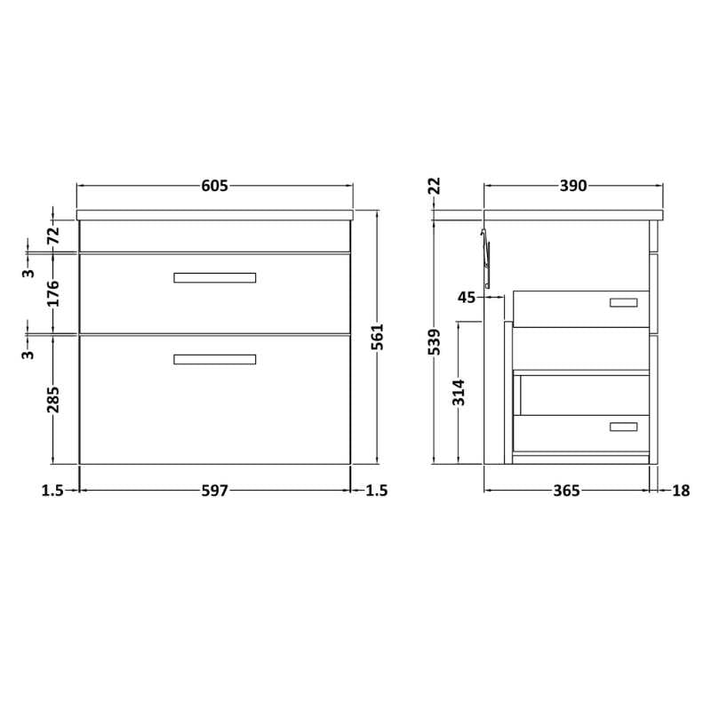Nuie Athena Wall Hung 2 Drawer Vanity With Worktop (2 sizes, Gloss Grey) - Brand New Bathrooms