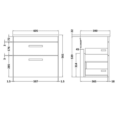 Nuie Athena Wall Hung 2 Drawer Vanity With Worktop (2 sizes, Gloss Grey) - Brand New Bathrooms