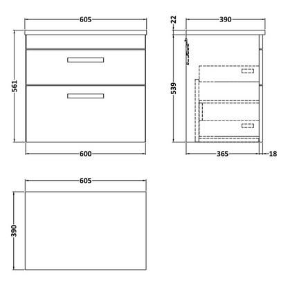 Nuie Athena 600mm Wall Hung 2-Drawer Unit & Laminate Worktop (1 size, Gloss Grey) - Brand New Bathrooms
