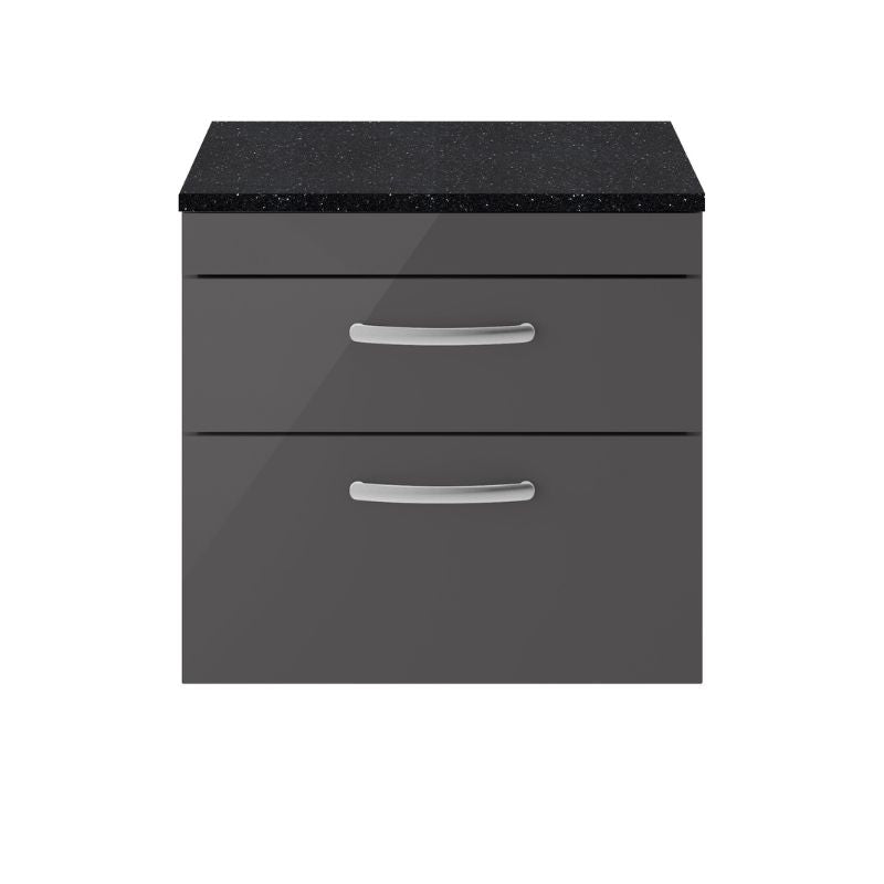 Nuie Athena Wall Hung 2 Drawer Vanity With Worktop (2 sizes, Gloss Grey) - Brand New Bathrooms