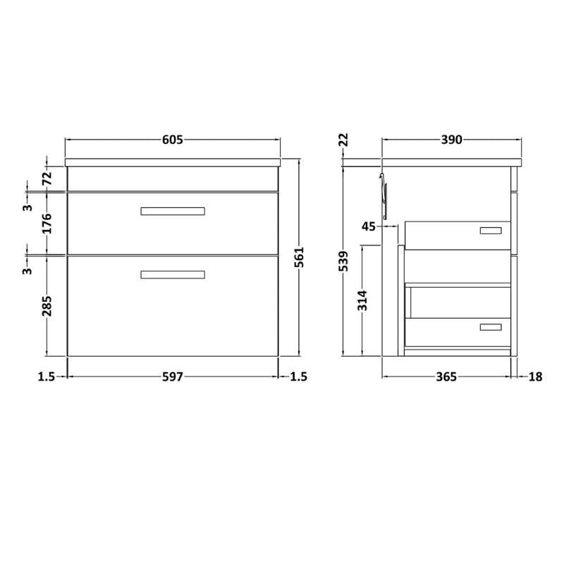 Nuie Athena Wall Hung 2 Drawer Vanity With Worktop (2 sizes, Gloss Grey) - Brand New Bathrooms