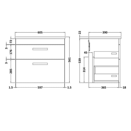 Nuie Athena Wall Hung 2 Drawer Vanity With Worktop (2 sizes, Gloss Grey) - Brand New Bathrooms