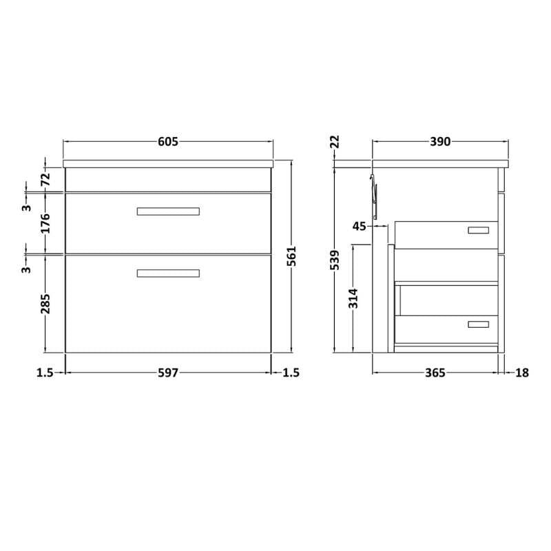 Nuie Athena Wall Hung 2 Drawer Vanity With Worktop (2 sizes, Gloss Grey) - Brand New Bathrooms