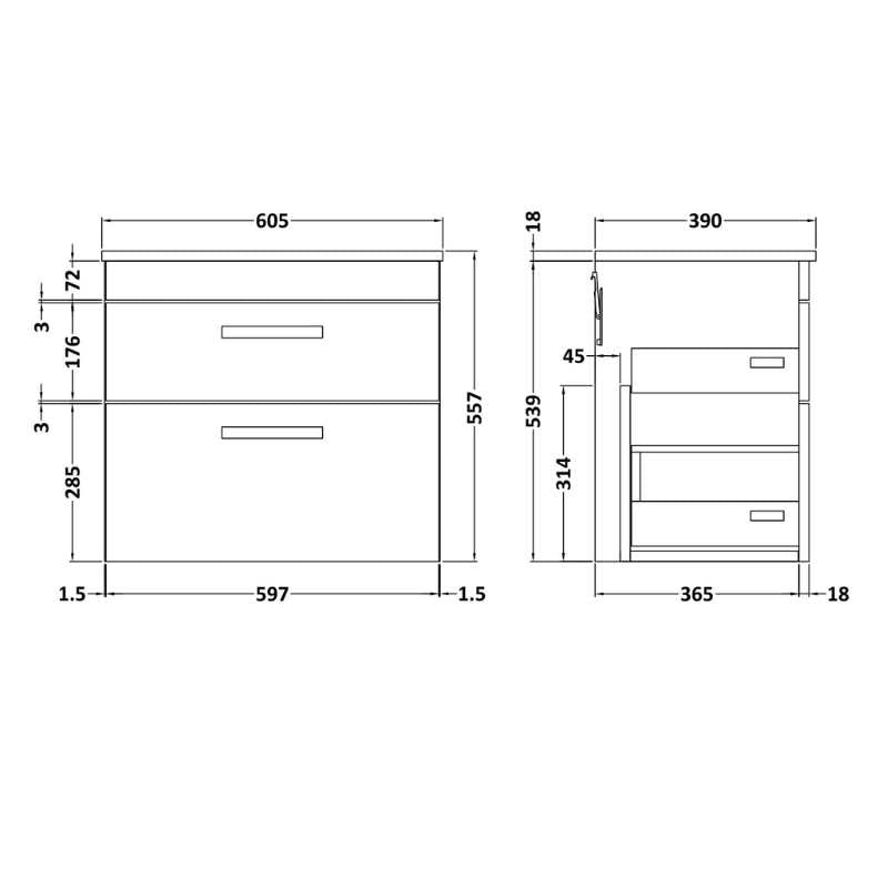 Nuie Athena Wall Hung 2 Drawer Vanity With Worktop (2 sizes, Gloss Grey) - Brand New Bathrooms