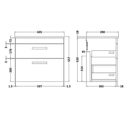 Nuie Athena Wall Hung 2 Drawer Vanity With Worktop (2 sizes, Gloss Grey) - Brand New Bathrooms