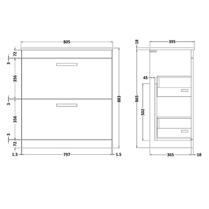 Nuie Athena 800mm Floor Standing 2 Drawer Vanity With Minimalist 1 Tap Hole Basin (1 size, Gloss Grey) - Brand New Bathrooms