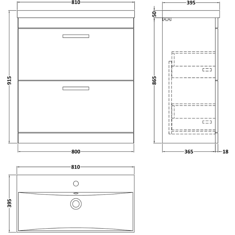 Nuie Athena 800mm Floor Standing 2 Drawer Vanity With Thin-Edge 1 Tap Hole Basin 3 (1 size, Gloss Grey) - Brand New Bathrooms