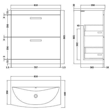 Nuie Athena 800mm Floor Standing 2 Drawer Vanity With Curved 1 Tap Hole Basin (1 size, Gloss Grey) - Brand New Bathrooms