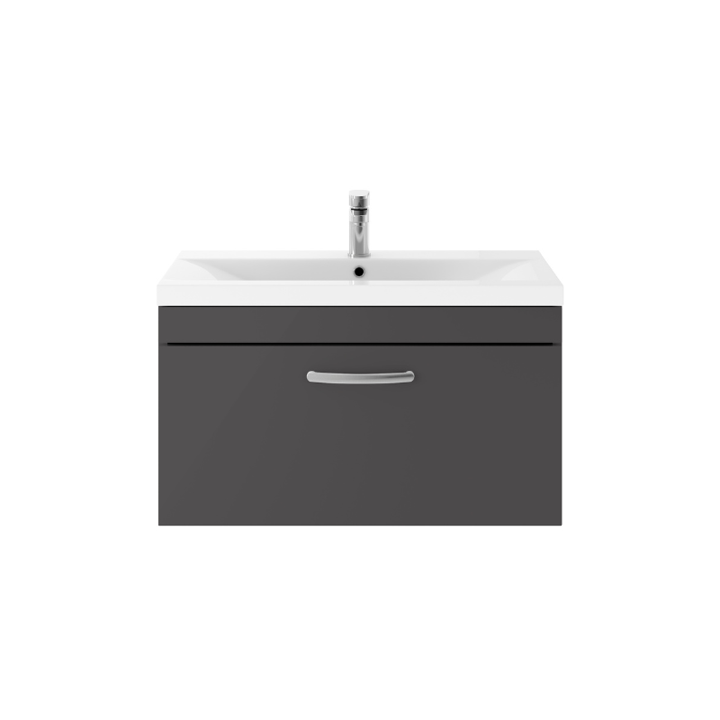 Nuie Athena 800mm Wall Hung Single Drawer Vanity With Mid-Edge 1 Tap Hole Basin (1 size, Gloss Grey) - Brand New Bathrooms