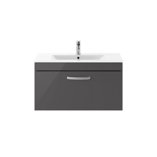 Nuie Athena 800mm Wall Hung Single Drawer Vanity With Minimalist 1 Tap Hole Basin (1 size, Gloss Grey) - Brand New Bathrooms