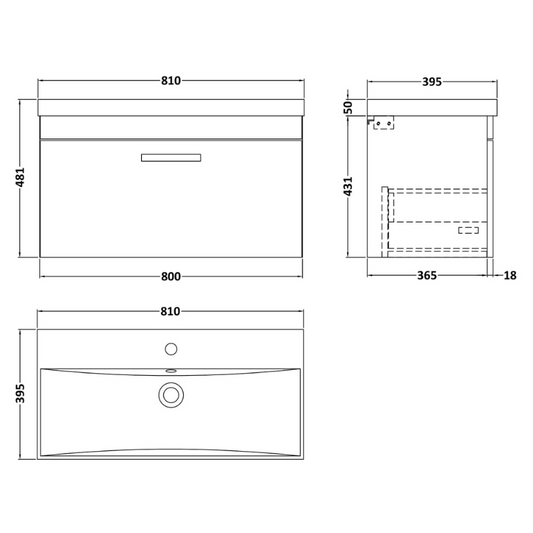 Nuie Athena 800mm Wall Hung Single Drawer Vanity With Thin-Edge 1 Tap Hole Basin (1 size, Gloss Grey) - Brand New Bathrooms