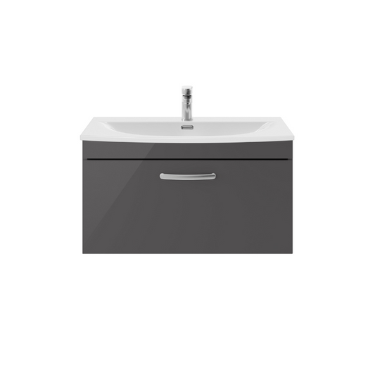 Nuie Athena 800mm Wall Hung Single Drawer Vanity With Curved 1 Tap Hole Basin (1 size, Gloss Grey) - Brand New Bathrooms