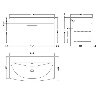 Nuie Athena 800mm Wall Hung Single Drawer Vanity With Curved 1 Tap Hole Basin (1 size, Gloss Grey) - Brand New Bathrooms