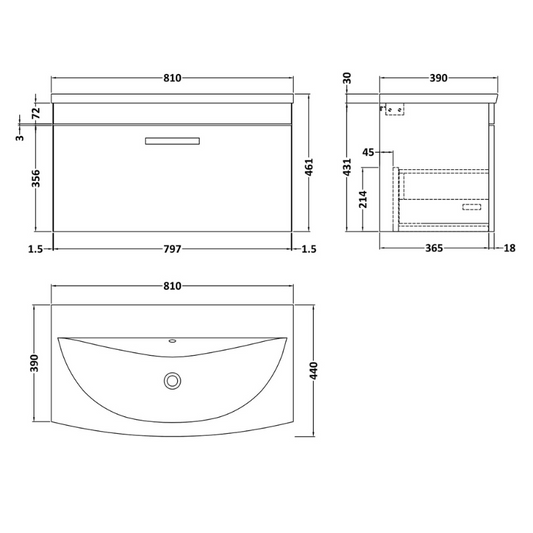 Nuie Athena 800mm Wall Hung Single Drawer Vanity With Curved 1 Tap Hole Basin (1 size, Gloss Grey) - Brand New Bathrooms
