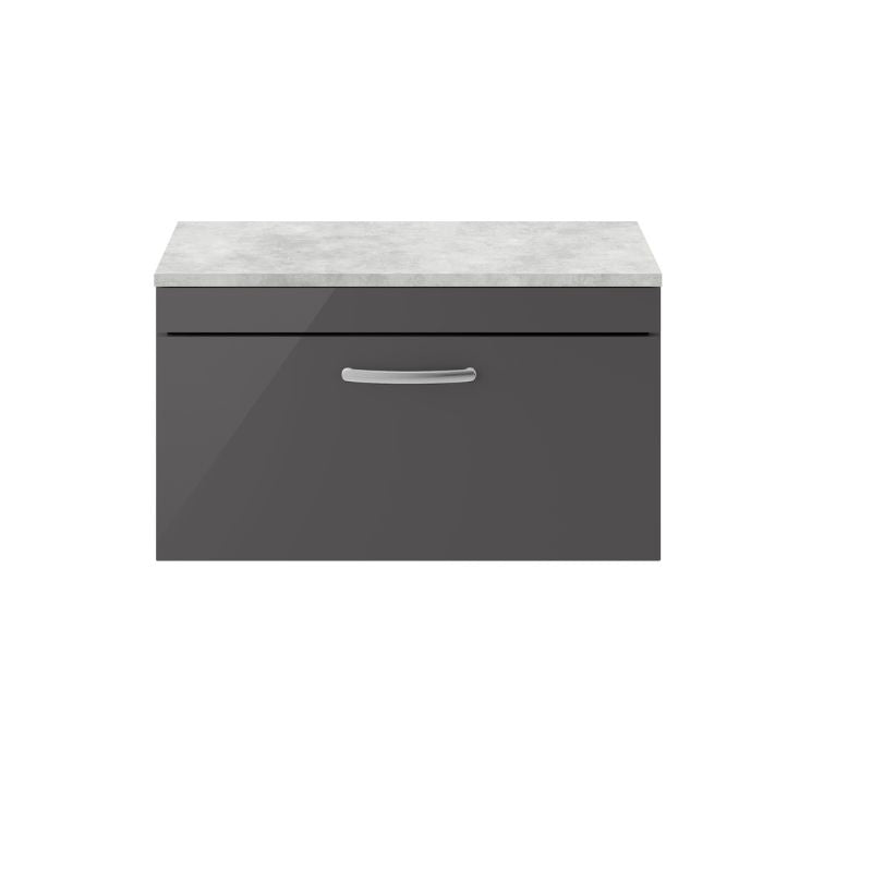 Nuie Athena Wall Hung Single Drawer Vanity With Worktop (2 size, Gloss Grey) - Brand New Bathrooms
