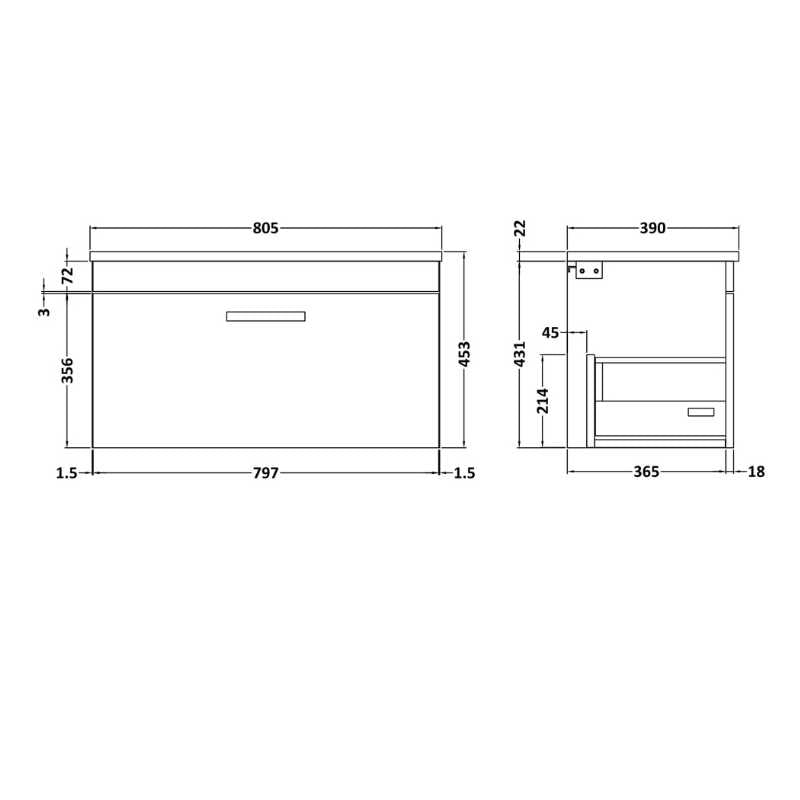 Nuie Athena Wall Hung Single Drawer Vanity With Worktop (2 size, Gloss Grey) - Brand New Bathrooms