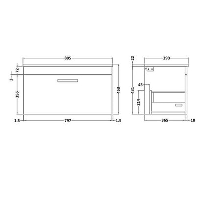 Nuie Athena Wall Hung Single Drawer Vanity With Worktop (2 size, Gloss Grey) - Brand New Bathrooms