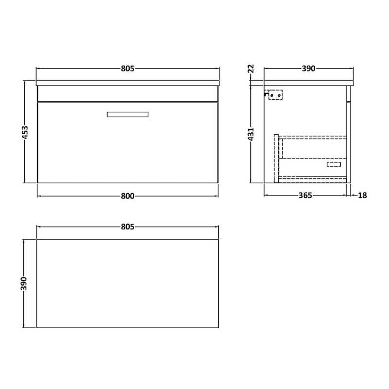 Nuie Athena Wall Hung Single Drawer Unit & Laminate Worktop (2 size, Gloss Grey) - Brand New Bathrooms