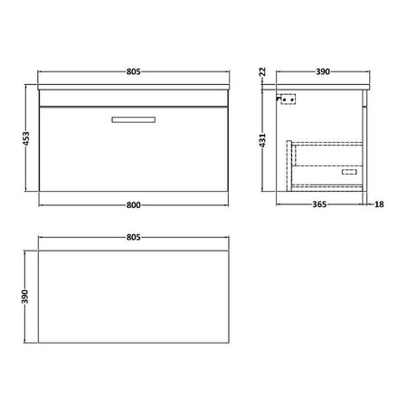 Nuie Athena Wall Hung Single Drawer Unit & Laminate Worktop (2 size, Gloss Grey) - Brand New Bathrooms