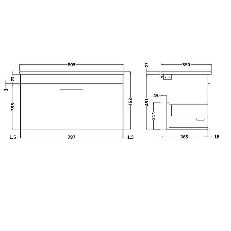 Nuie Athena Wall Hung Single Drawer Vanity With Worktop (2 size, Gloss Grey) - Brand New Bathrooms