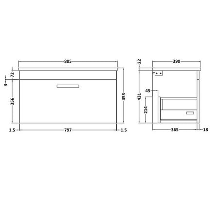 Nuie Athena Wall Hung Single Drawer Vanity With Worktop (2 size, Gloss Grey) - Brand New Bathrooms