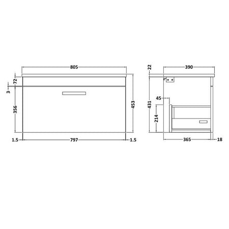 Nuie Athena Wall Hung Single Drawer Vanity With Worktop (2 size, Gloss Grey) - Brand New Bathrooms