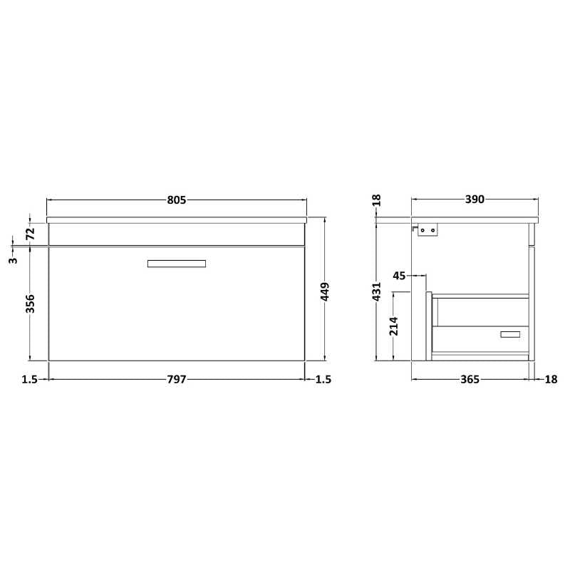 Nuie Athena Wall Hung Single Drawer Vanity With Worktop (2 size, Gloss Grey) - Brand New Bathrooms