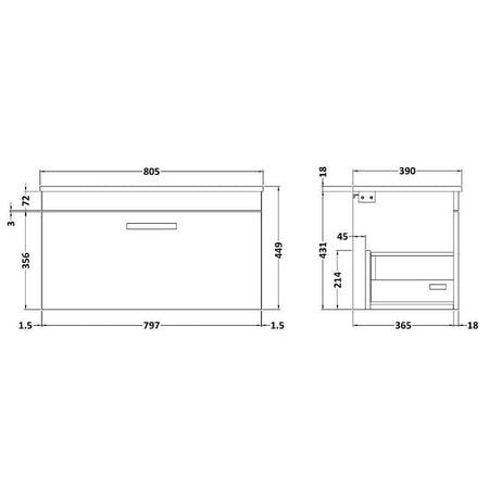 Nuie Athena Wall Hung Single Drawer Vanity With Worktop (2 size, Gloss Grey) - Brand New Bathrooms
