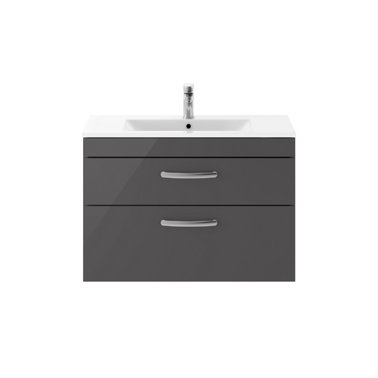 Nuie Athena 800mm Wall Hung 2 Drawer Vanity With Minimalist 1 Tap Hole Basin (1 size, Gloss Grey) - Brand New Bathrooms