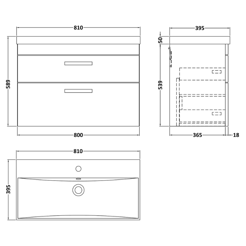 Nuie Athena 800mm Wall Hung 2 Drawer Vanity With Thin-Edge 1 Tap Hole Basin (1 size, Gloss Grey) - Brand New Bathrooms