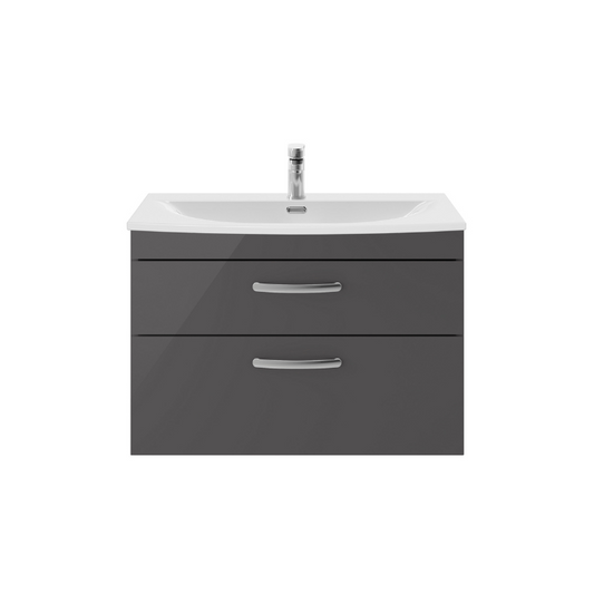 Nuie Athena 800mm Wall Hung 2 Drawer Vanity With Curved 1 Tap Hole Basin (1 size, Gloss Grey) - Brand New Bathrooms